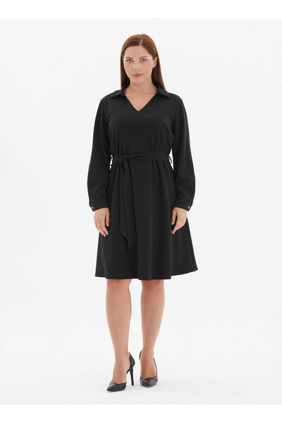 Selen Polo Yaka Düz Siyah Standart Kadın Elbise 25KSL7716