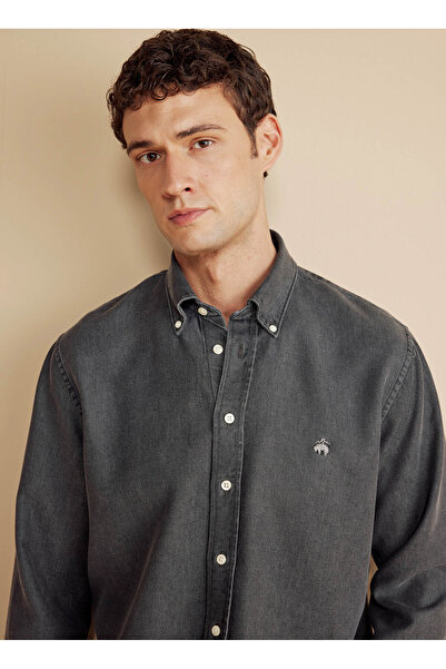 BROOKS BROTHERS Regular Fit Düğmeli Yaka Antrasit Erkek Gömlek BBFW25MSH015