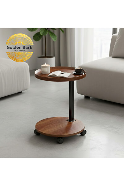 Golden Bark Round Coffee Side Table with Practical Metal Wheels Brown/Black