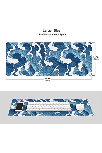 007 Japanese Wave XXL Extended Mouse Pad - Blue & White, Rubber, Non-Slip, Stitched Edges (31.5 x 11.8 i