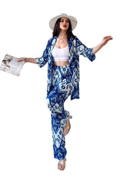 BEEMU Lower Upper Set Kimono- Patterned-Blue
