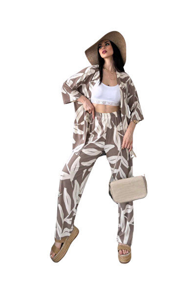 Combin Lower Upper Set Kimono- Patterned-Brown