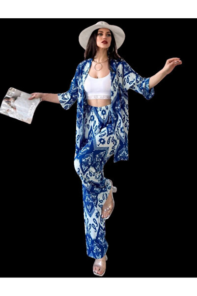 BEEMU Lower Upper Set Kimono- Patterned-Blue