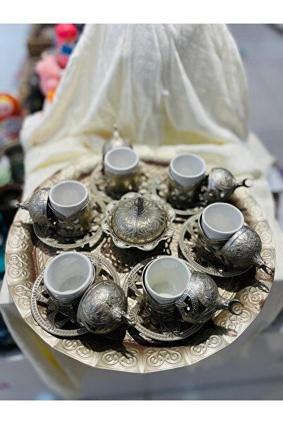 laspalmas market Ağır İşlemeli Osmanlı Bakır 6'Lı Fincan Takımı Gümüş