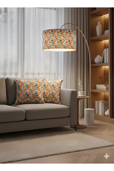 Otay Aydınlatma El Yapımı Somon Çiçekler Desenli Kumaş Lambader Başlığı ( Sadece Başlık )