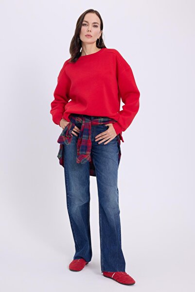 Tudors Women's Oversized Wide Cut Cotton 3-Thread Crew Neck Red Sweatshirt