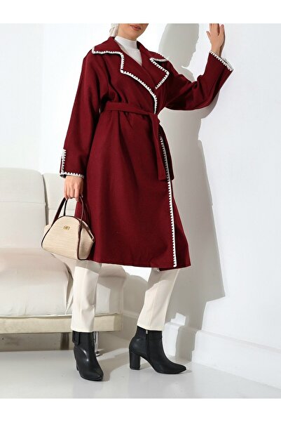 MissRunin Çoban Dikiş Belden Bağlamalı Kaşe Kaban