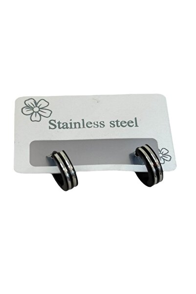 TAKIŞTIR Black Color Line Detailed Men's Steel Earrings (Pair)