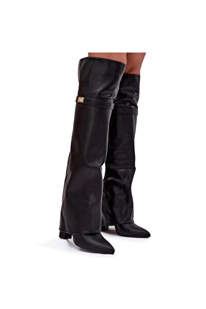 BOTO Cizme izolate cu tivul răsucit până la genunchi toc bloc negru Serelle 41