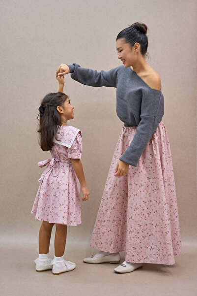 KÜÇÜĞÜM BUTİK Pink-Burgundy Balloon Skirt and Girl's Vintage Collar Dress Mother-Daughter Combination (Sold as Single)