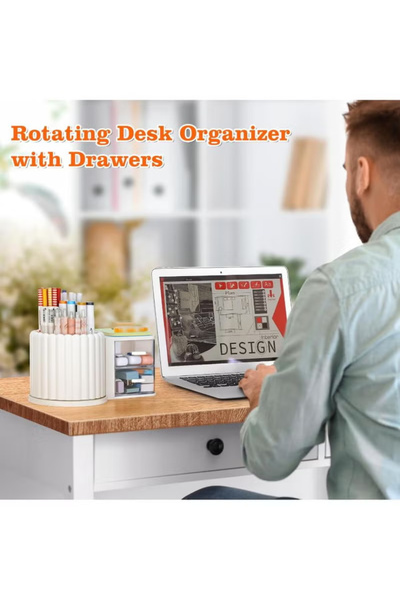 KHAJUL Rotating Office Desk Organizers with 2 Drawer, Pencil Pen Marker Holder for Desk for Office Home