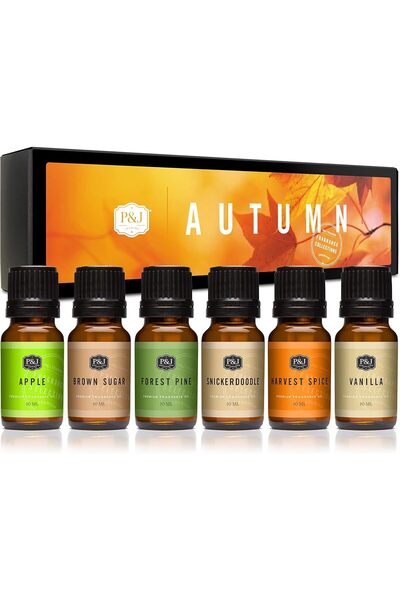 P and J مجموعة زيوت عطرية فاخرة للخريف مكونة من 6 قطع - سكر بني، تفاح، بهارات...