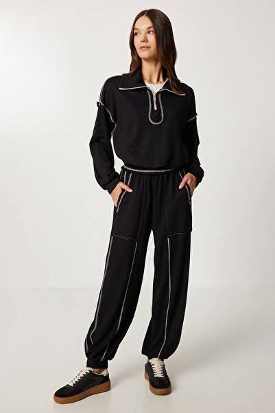 Lovelyİstanbul Kontrast Şeritli Örme Alt-Üst Takım LDM0008 SİYAH