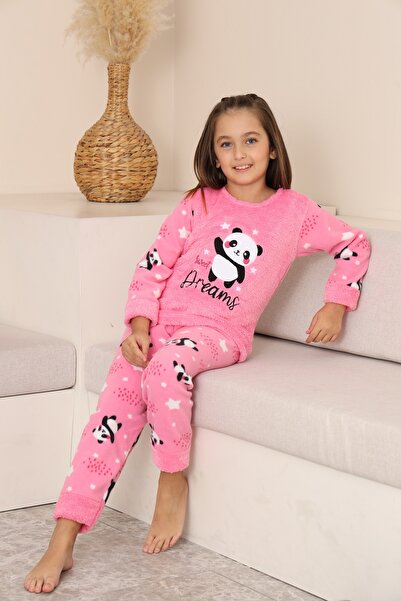 KAPİKİDS Warm, Non-Sweaty, Panda Embroidered, Welsoft, Fleece Girls' Pajama Set