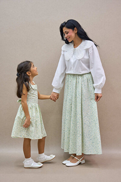 KÜÇÜĞÜM BUTİK Water Green Daisy Balloon Skirt and Girl's Vintage Collar Dress Mother-Daughter Combination (Sold as a Single Item)