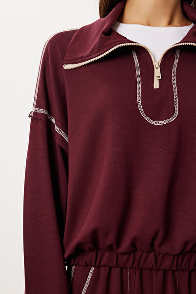 Lovelyİstanbul Kontrast Şeritli Örme Alt-Üst Takım LDM0008 BORDO