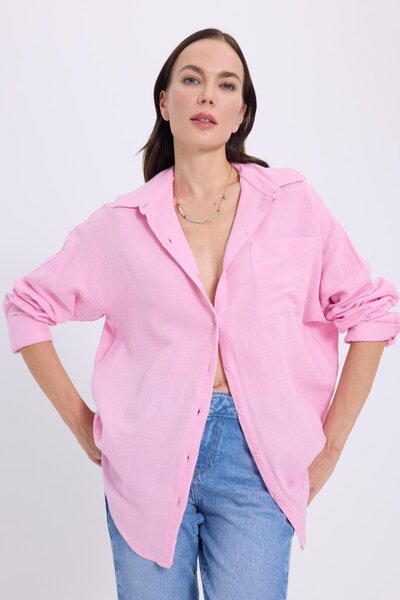 Tudors Women's Oversized Wide Cut 100% Cotton Muslin Fabric Long Sleeve Pocketed Textured Lilac Shirt