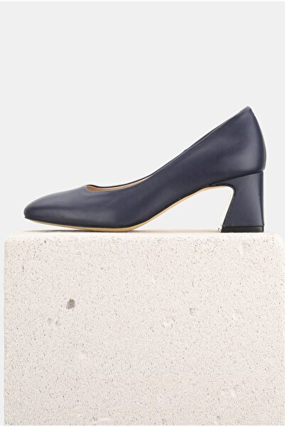 TUNAELLİ Women's Dark Blue Genuine Leather Classic Shoes with Medium Heel, Size 35-41