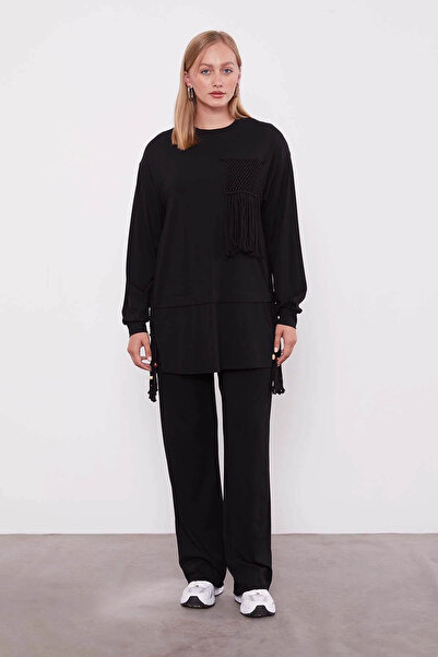 trender Straw Tassel Detailed Black Women's Top and Bottom Set 100807