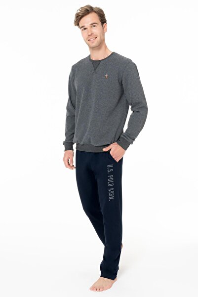 U.S. Polo Assn. Erkek Kışlık 2 İplik Kışlık Ev Giyim Pijama Takım, üst uzunkol bisiklet yaka kol manşetli, alt cepli