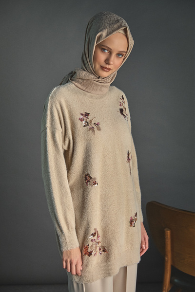 Setrms Pulpayet Boncuk Çiçekli Triko Tunik