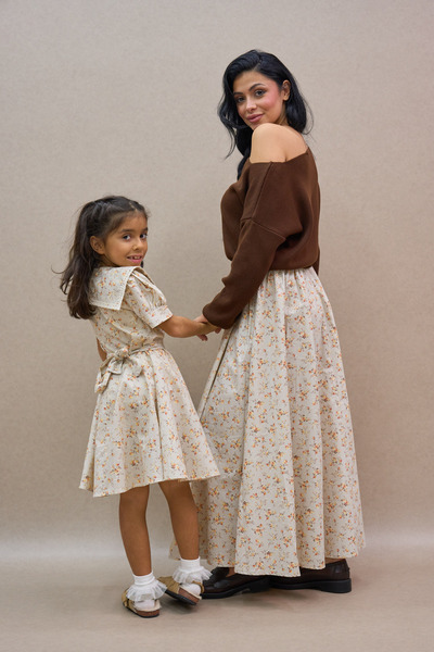 KÜÇÜĞÜM BUTİK Cream-Brown Balloon Skirt and Girl's Vintage Collar Flared Dress Mother-Daughter Combination (Sold as Single)
