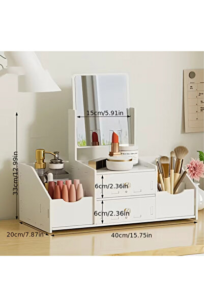 zola Οργανωτής καλλυντικών, καθρέφτης, 4 χώροι αποθήκευσης, 2 συρτάρια, διογκωμένο PVC, 40×20×33 cm