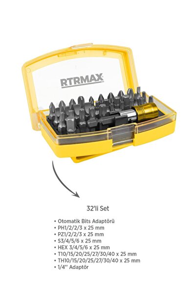 Rtrmax RTX1820SET Şarjlı Darbeli Matkap 4'lü Set -Bits Uç + Kemer Klipsli Adaptör Seti-Uç Tutucu-Eldiven
