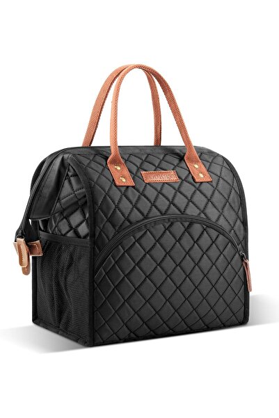 LoKass Insulated Lunch Bag Wide-Open Tote, Nylon Thermal Organizer, Black (Square)