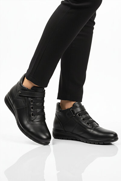 Aspor Black Genuine Leather Velcro Women's Flat Boots