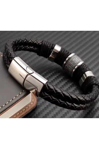 voyageaccessory Men's Black Leather Bracelet with Steel Detailing Weave Design for Stylish and Everyday Combinations