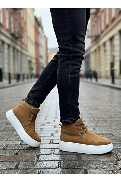 pabucmarketi Lace-Up Fur-Lined Men's Sneaker Boots Taba Suede (White Sole)