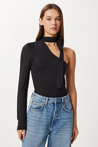 Lovelyİstanbul Asymmetrical Knitted Blouse with Scarf Lub0310 Black