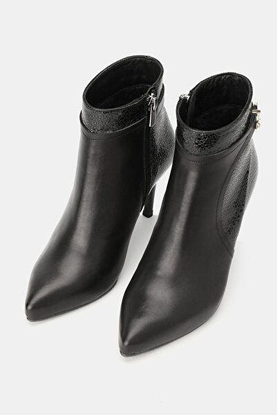 TUNAELLİ Women's Black Genuine Natural Leather Size 35-40 Thin Heel Pointed Toe Boots & Booties