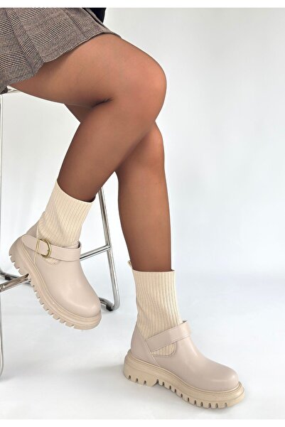 pabucmarketi Beige Patent Leather Stretch Women's Heeled Boots