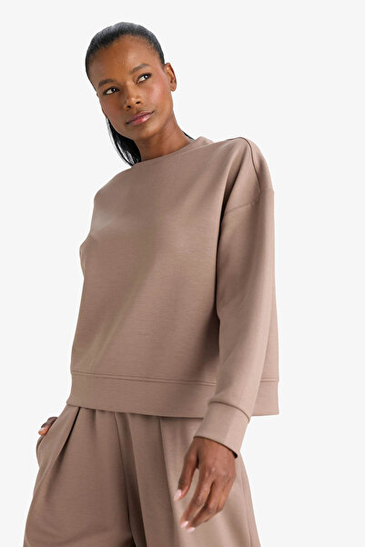 DeFacto E8954Axbn576 Brown Defactofit Oversized Wide Fit Crew Neck Modal Athlete Sweatshirt