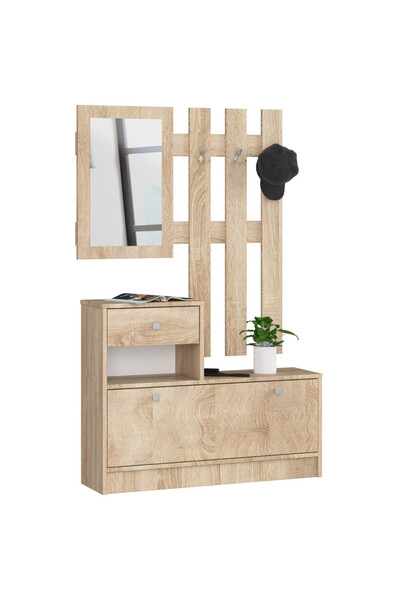 SERSIMO Set de mobilier pentru hol cu ​​suport pentru pantofi, oglindă, sertar și cuier metalic, 90x25x170 cm, stejar Sonoma