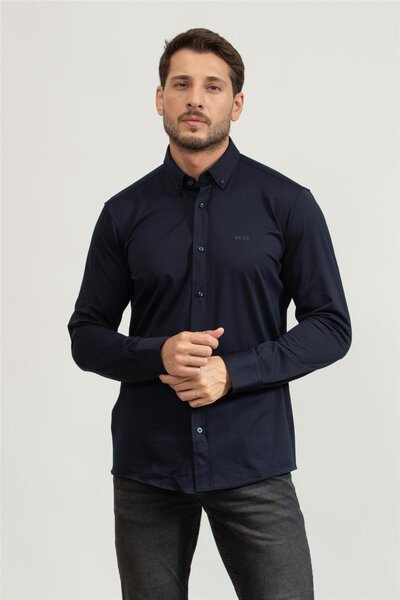 BOSS Erkek Marka Logolu Düğmeli Gömlek Yaka Uzun Kollu Lacivert Gömlek 50469378-410