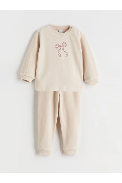 LC Waikiki Lcw Baby Beige Printed Baby Girl Sweatshirt and Pants 2-Pack