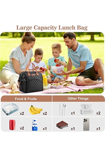 LoKass Insulated Lunch Bag Wide-Open Tote, Nylon Thermal Organizer, Black (Square)