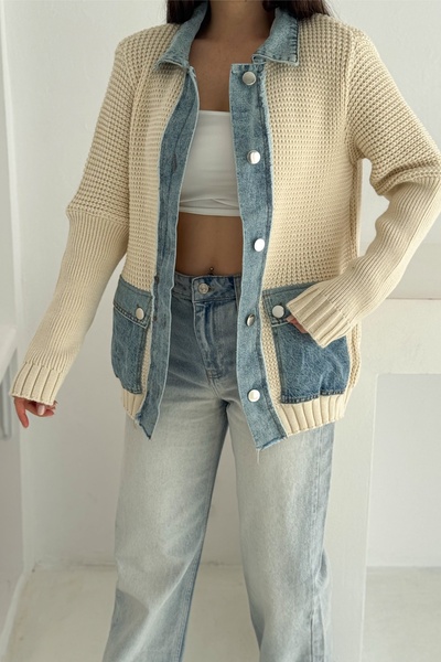 FEMELLE Beige Denim Detailed Buttoned Knitted Sweater Cardigan