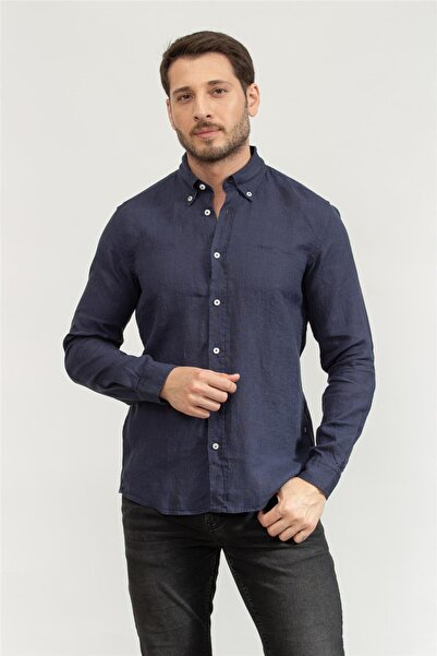 BOSS Erkek Marka Logolu Düğmeli Gömlek Yaka Uzun Kollu Lacivert Gömlek 50520283-404