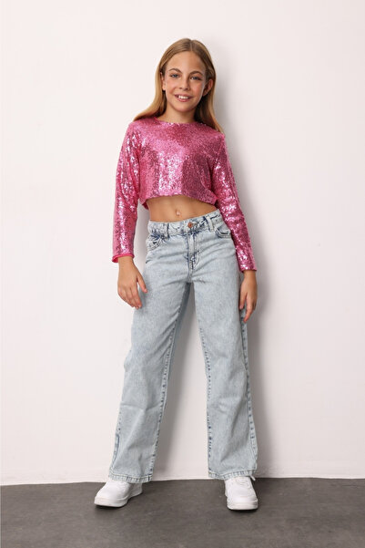 Le Mabelle Fuşya Uzun Kollu Pullu Kız Çocuk Crop Bluz