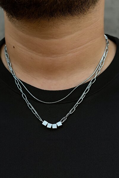 TAKIŞTIR Silver Color Men's Chain Multi Steel Necklace (55cm)