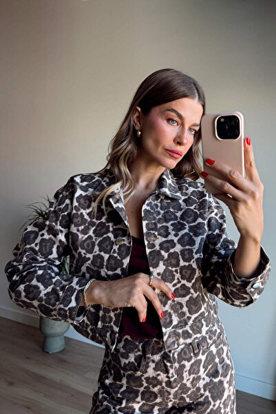 Sue Store Brown Leopard Print Jacket Jean Set