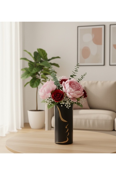 Generic A shiny gold rose vase - a sophisticated decorative piece that fits any space. Comes without the roses.