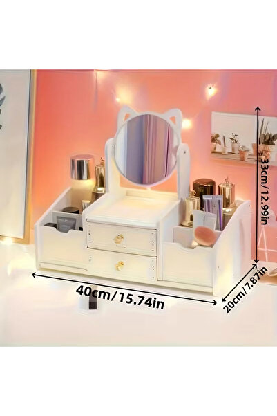 zola Οργανωτής καλλυντικών, καθρέφτης για γάτες, 4 αποθηκευτικοί χώροι, 2 συρτάρια, διογκωμένο PVC, 40×20×33 cm