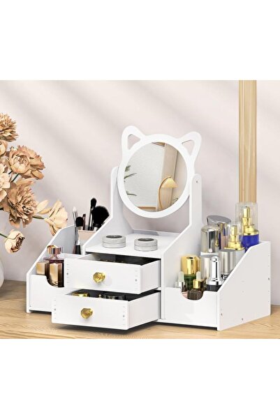 zola Οργανωτής καλλυντικών, καθρέφτης για γάτες, 4 αποθηκευτικοί χώροι, 2 συρτάρια, διογκωμένο PVC, 40×20×33 cm