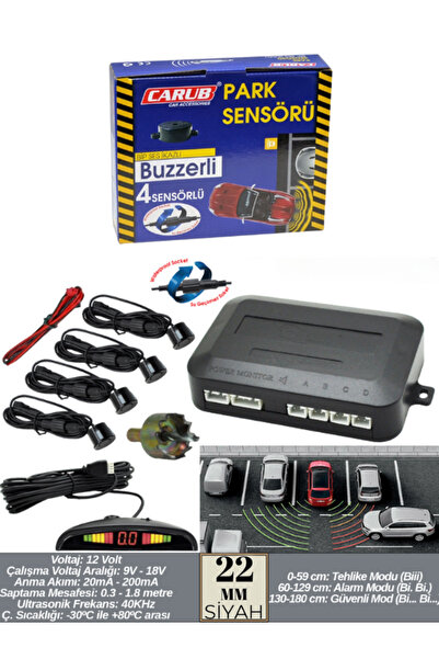 KAPOTO 22mm Ekranlı Sesli Park Sensörü 4’lü Siyah Geri Vites Park Destek Sistemi Araç Park Sensörü Seti