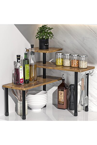 Generic 3-Tier Rustic Corner Counter Shelf - Kitchen & Bathroom Counter Organizer (Brown)